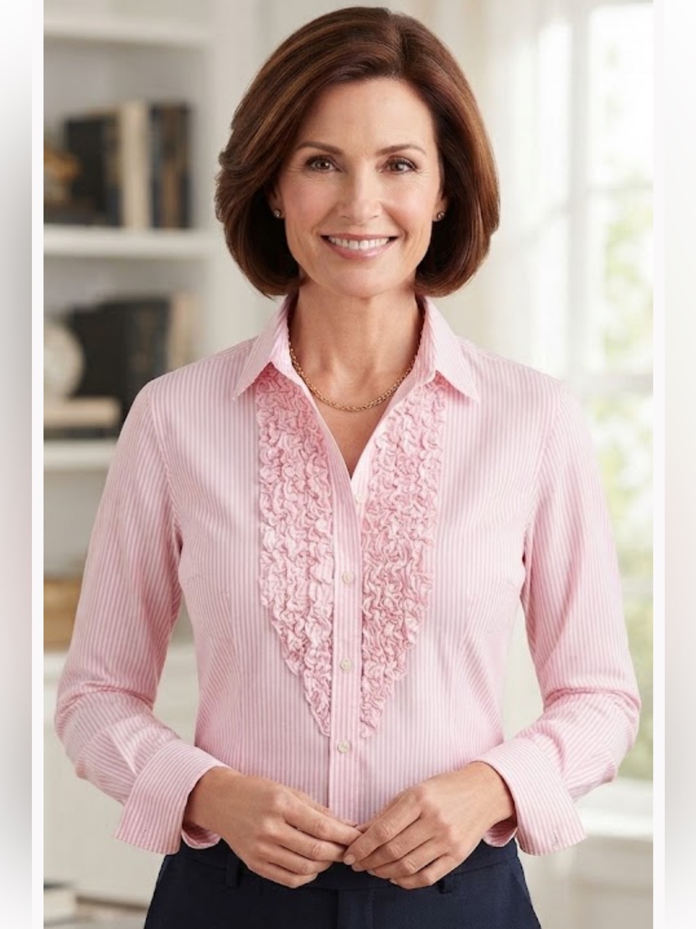Lauren Ralph Lauren Pink Striped Dress Shirt with Ruffle Bib